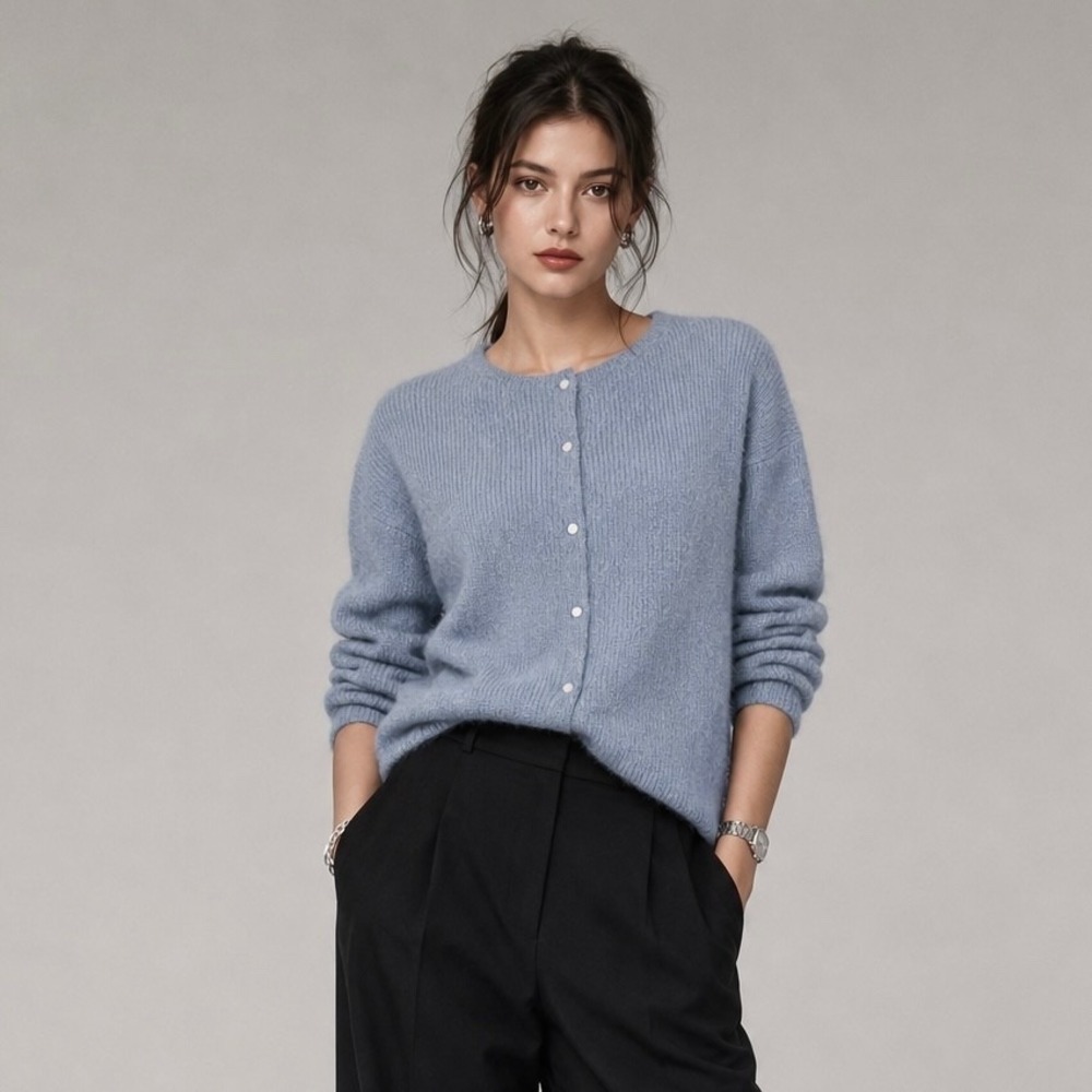 Sezane Gaspard Cardigan S Vintage Blue Mohair Alpaca Button Sweater Preppy